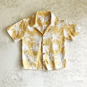 Zara Baby Boys 12-18 Mos Shirt Short Sleeve Button Front Yellow Palm Tree Print